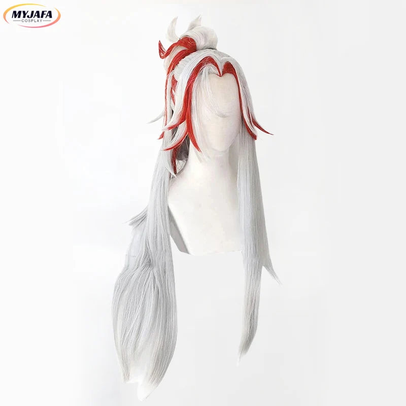 Yone Cosplay Wig Heartsteel Cosplay Wigs Game LOL Cosplay White Red Ponytail Heat Resistant Synthetic Hair Wigs + Wig Cap