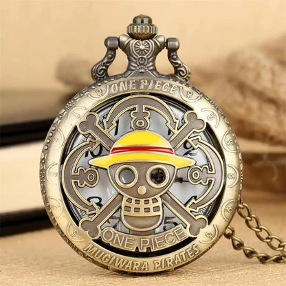 Antique Bronze Pirate Skulll Anime One Piece Quartz Pocket Watch Necklace WORKS!