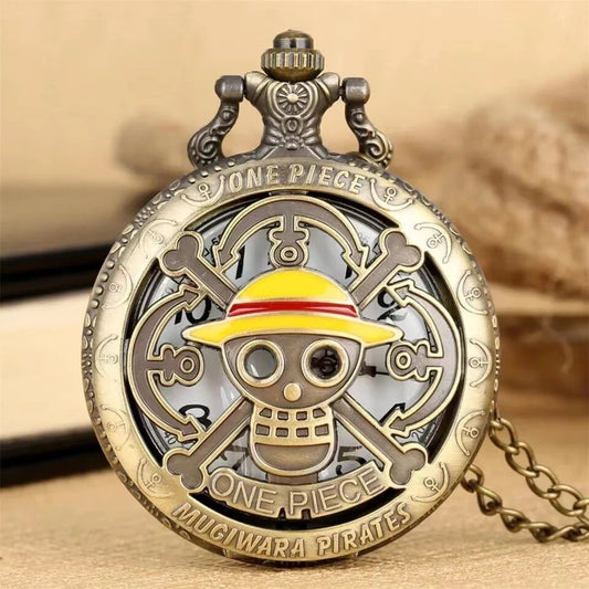 Antique Bronze Pirate Skulll Anime One Piece Quartz Pocket Watch Necklace WORKS!