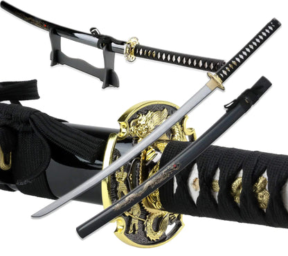 Vulcan Gear Traditional Japanese Handmade Sharp Katana Samurai Sword with Scabbard and Sword Stand (Ryuu Tsuba)