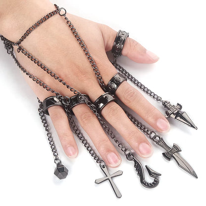 Hunter X Hunter Kurapika 5 Rings Chain Charms Bracelet Punk Hip Hop Vintage Cross Finger Chain Pendant for Women Men Jewelry