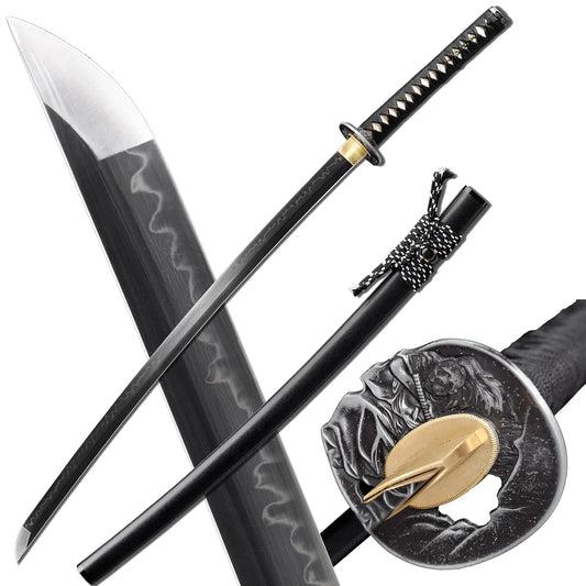 Shinken of Swords Katana Sword Clay Tempered T10 Steel Real Hamon Full Tang Handmade Samurai Sword Razor Sharp (Black-Ghost)