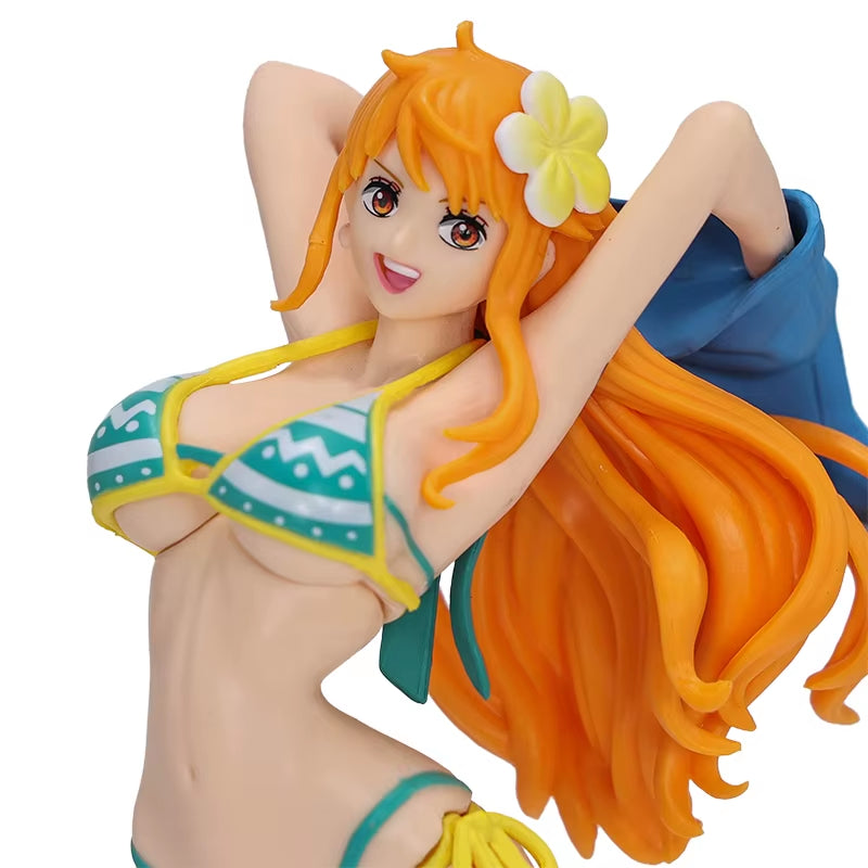 Hot Sale One Piece Nami Figures Anime Girl'S on Vacation Beach Nami Red Green Collection Figurine Toy PVC Standing Ornament Doll