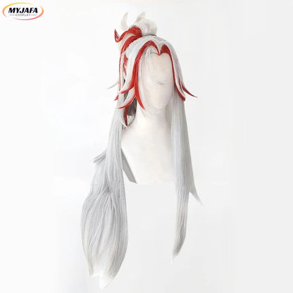 Yone Cosplay Wig Heartsteel Cosplay Wigs Game LOL Cosplay White Red Ponytail Heat Resistant Synthetic Hair Wigs + Wig Cap