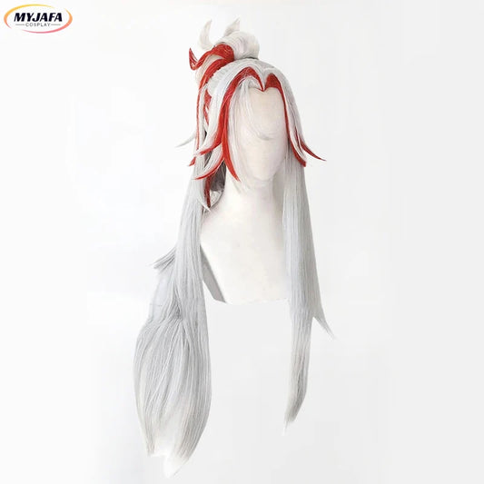 Yone Cosplay Wig Heartsteel Cosplay Wigs Game LOL Cosplay White Red Ponytail Heat Resistant Synthetic Hair Wigs + Wig Cap