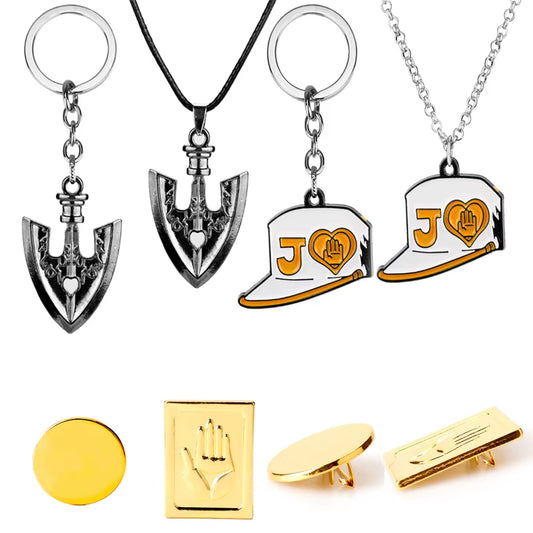 Anime JOJOS BIZARRE ADVENTURE Keyring Necklace Kujo Jotaro Hat Cap Shovel Rope Chain Pendant Metal Higashikata Josuke Jewelry