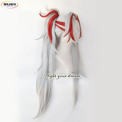 Yone Cosplay Wig Heartsteel Cosplay Wigs Game LOL Cosplay White Red Ponytail Heat Resistant Synthetic Hair Wigs + Wig Cap
