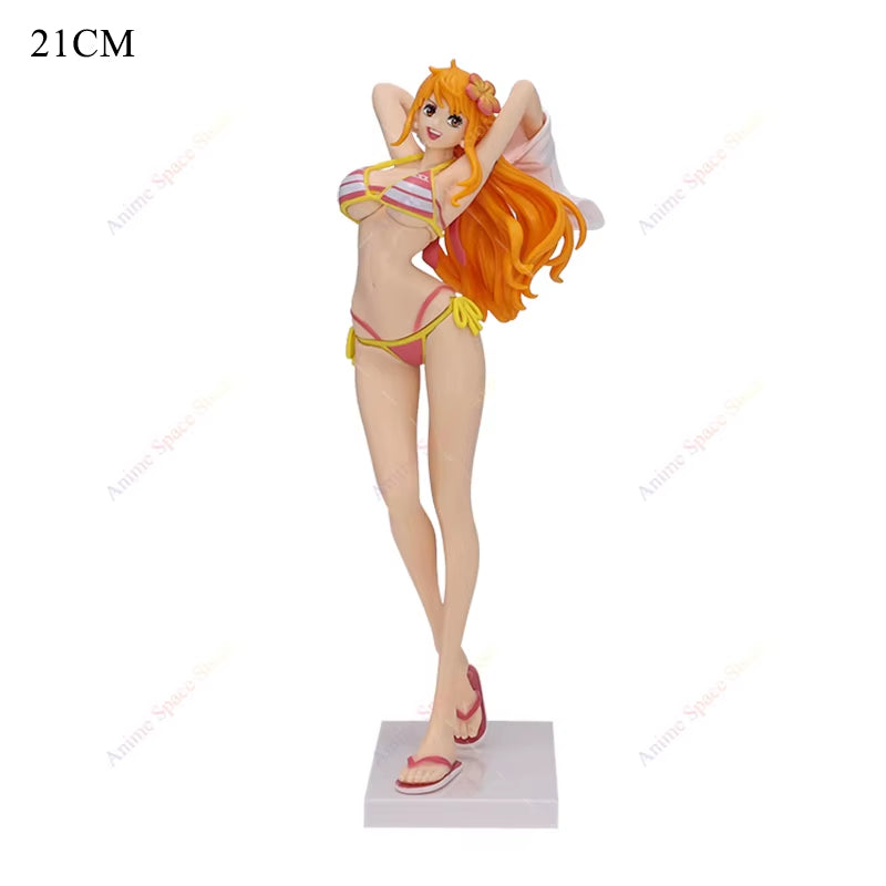 Hot Sale One Piece Nami Figures Anime Girl'S on Vacation Beach Nami Red Green Collection Figurine Toy PVC Standing Ornament Doll
