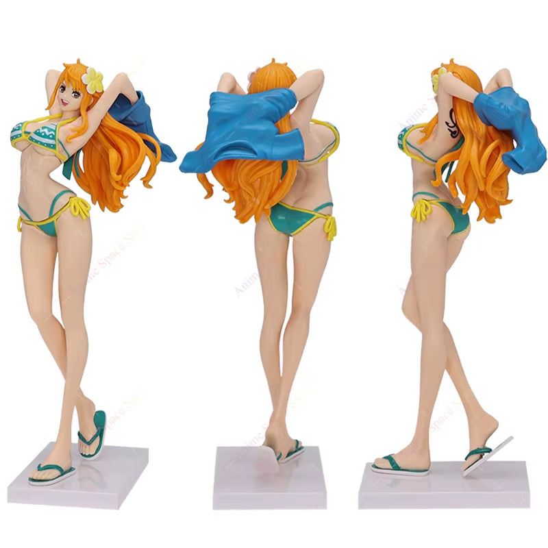Hot Sale One Piece Nami Figures Anime Girl'S on Vacation Beach Nami Red Green Collection Figurine Toy PVC Standing Ornament Doll