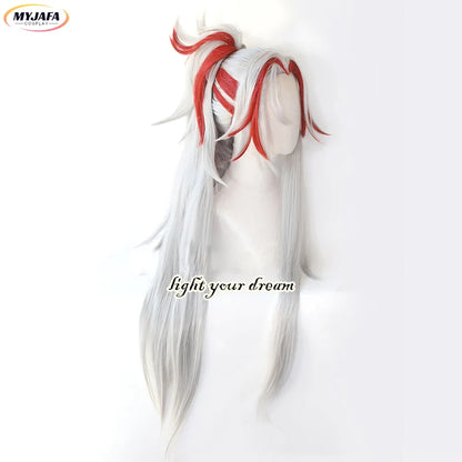 Yone Cosplay Wig Heartsteel Cosplay Wigs Game LOL Cosplay White Red Ponytail Heat Resistant Synthetic Hair Wigs + Wig Cap