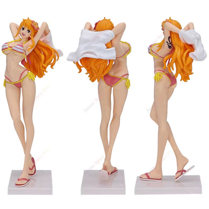 Hot Sale One Piece Nami Figures Anime Girl'S on Vacation Beach Nami Red Green Collection Figurine Toy PVC Standing Ornament Doll