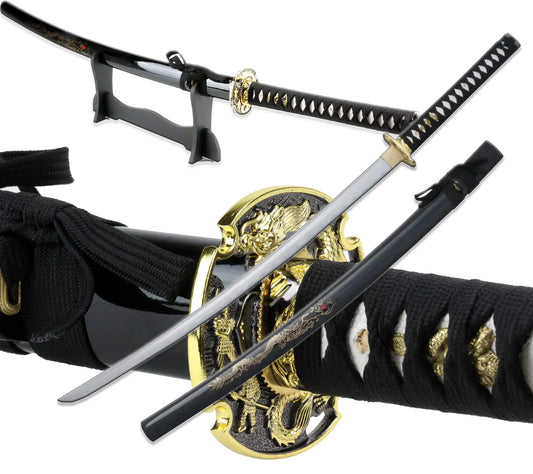 Vulcan Gear Traditional Japanese Handmade Sharp Katana Samurai Sword with Scabbard and Sword Stand (Ryuu Tsuba)