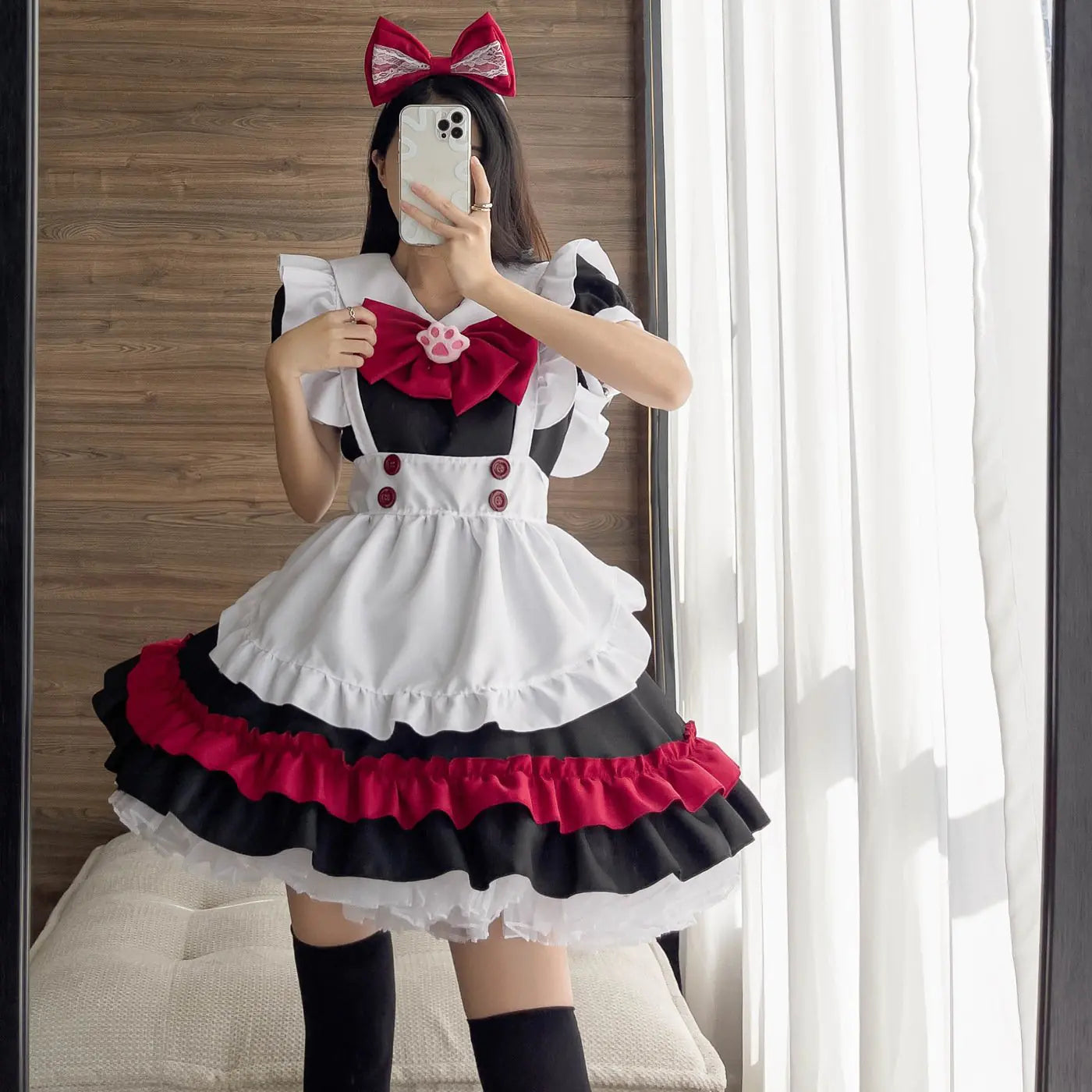 Gothic Lolita Black and Red Maid Cosplay Costume