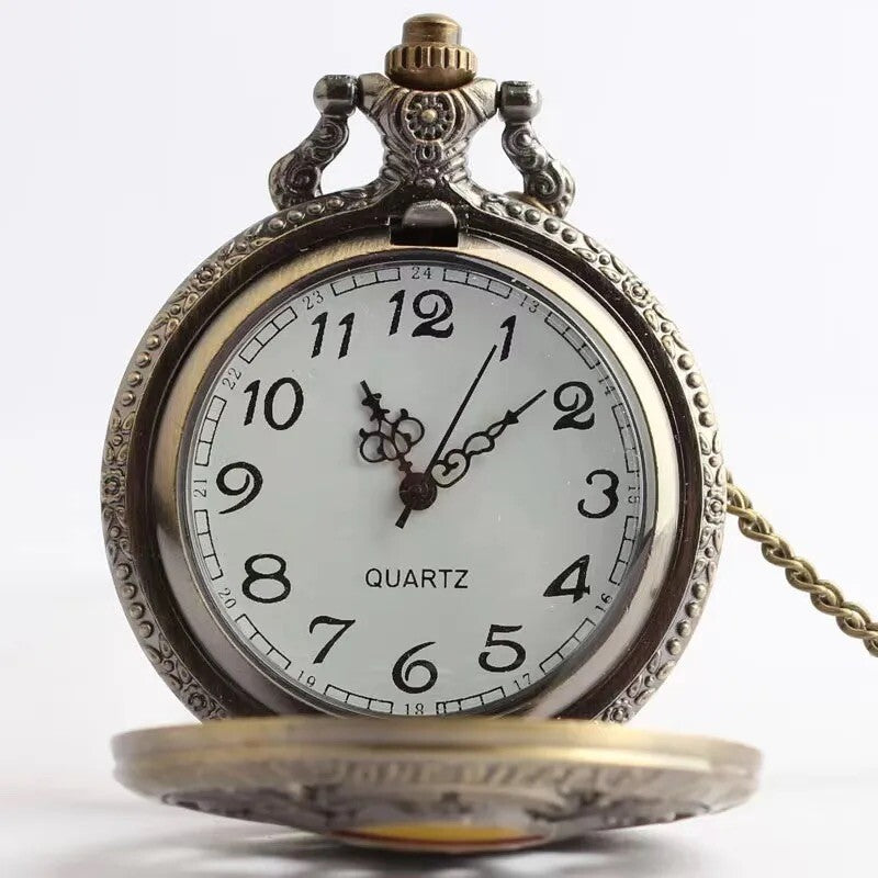 Antique Bronze Pirate Skulll Anime One Piece Quartz Pocket Watch Necklace WORKS!
