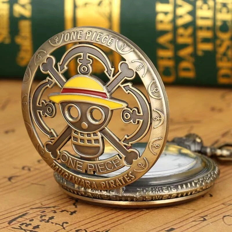 Antique Bronze Pirate Skulll Anime One Piece Quartz Pocket Watch Necklace WORKS!