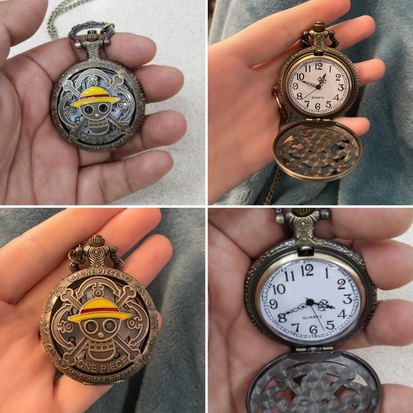 Antique Bronze Pirate Skulll Anime One Piece Quartz Pocket Watch Necklace WORKS!