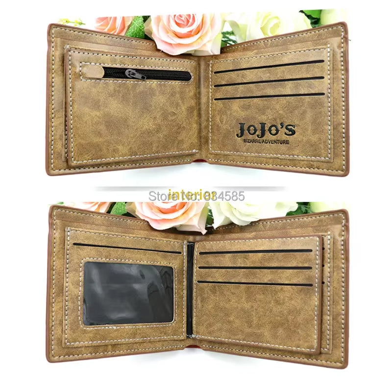Anime Jojo Bizarre Adventure Khaki Men'S Bifold PU Synthetic Wallet Cool Kujo Jotaro Coin Purse Money Clip