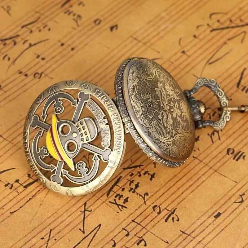 Antique Bronze Pirate Skulll Anime One Piece Quartz Pocket Watch Necklace WORKS!