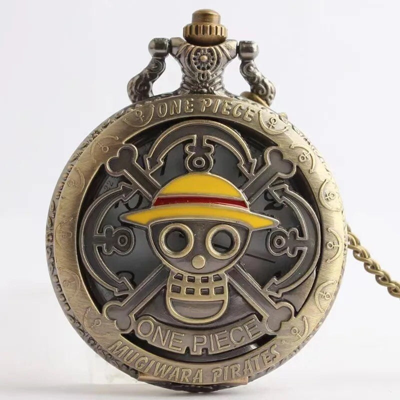 Antique Bronze Pirate Skulll Anime One Piece Quartz Pocket Watch Necklace WORKS!