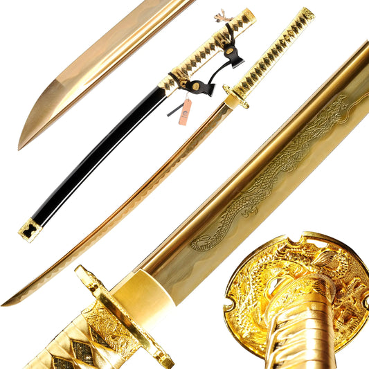 SJ SHI JIAN 40.6 inch High-Carbon Steel Baked Gold Dragon Japanese Katana Samurai Sword Full Tang jian